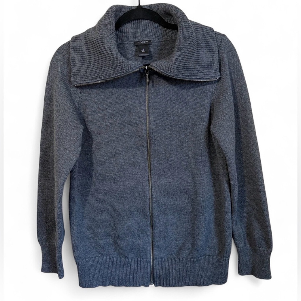 Ann Taylor Full Zip Sweater With Fold Collar 100% Cotton Charcoal Grey Size XL